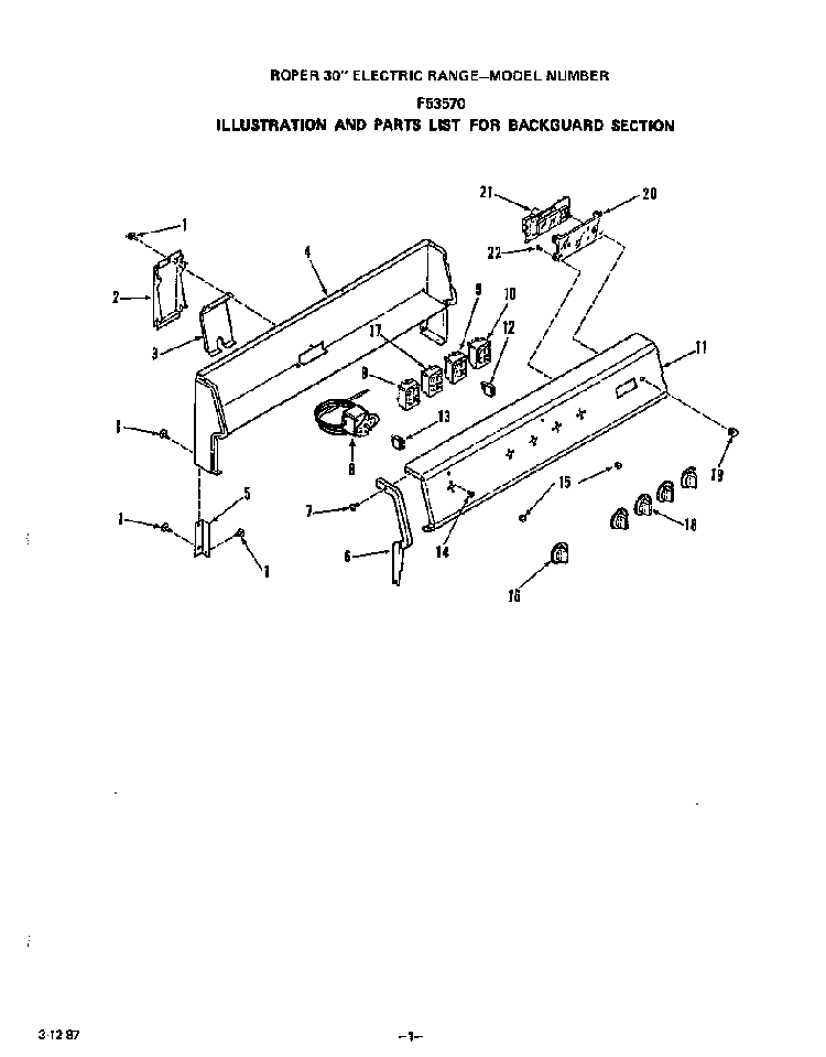Backguard Diagram and Parts List for F5357*0  Roper Range
