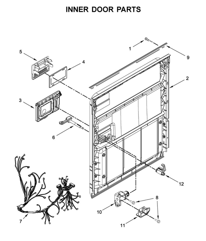 Inner Door Parts Diagram and Parts List for WDF130PAHT0  Whirlpool Dishwasher