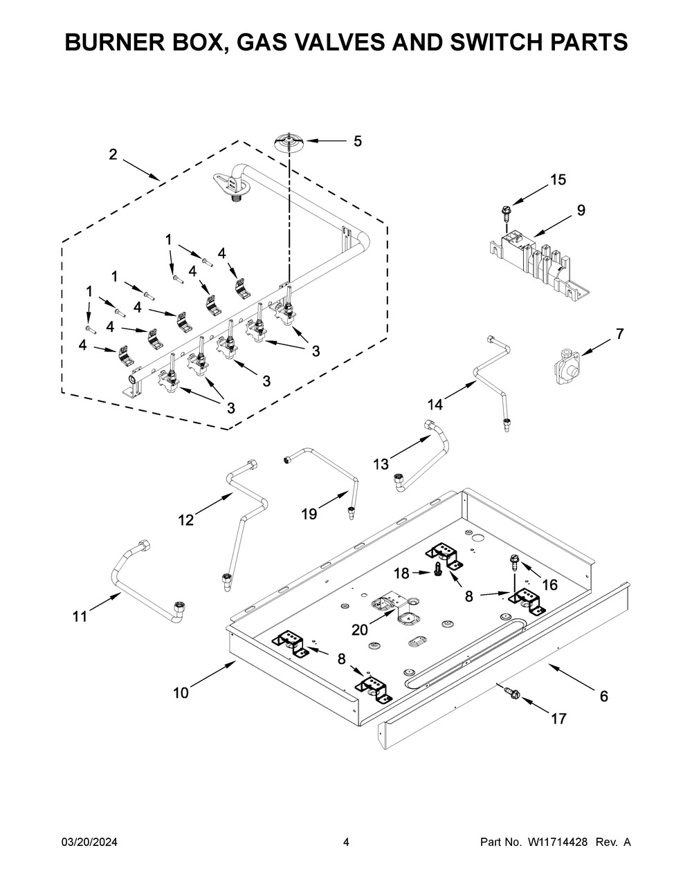 Burner Box, Gas Valves And Switch Parts Diagram and Parts List for WCGK5036PV00  Whirlpool Cooktop