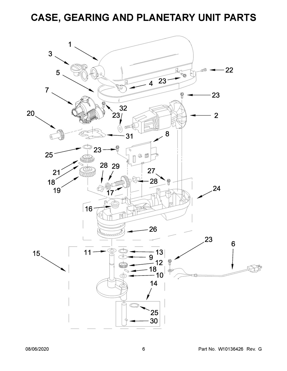 Case, Gearing And Planetary Unit Parts Diagram and Parts List for KV25G0XCU5  Whirlpool Mixer