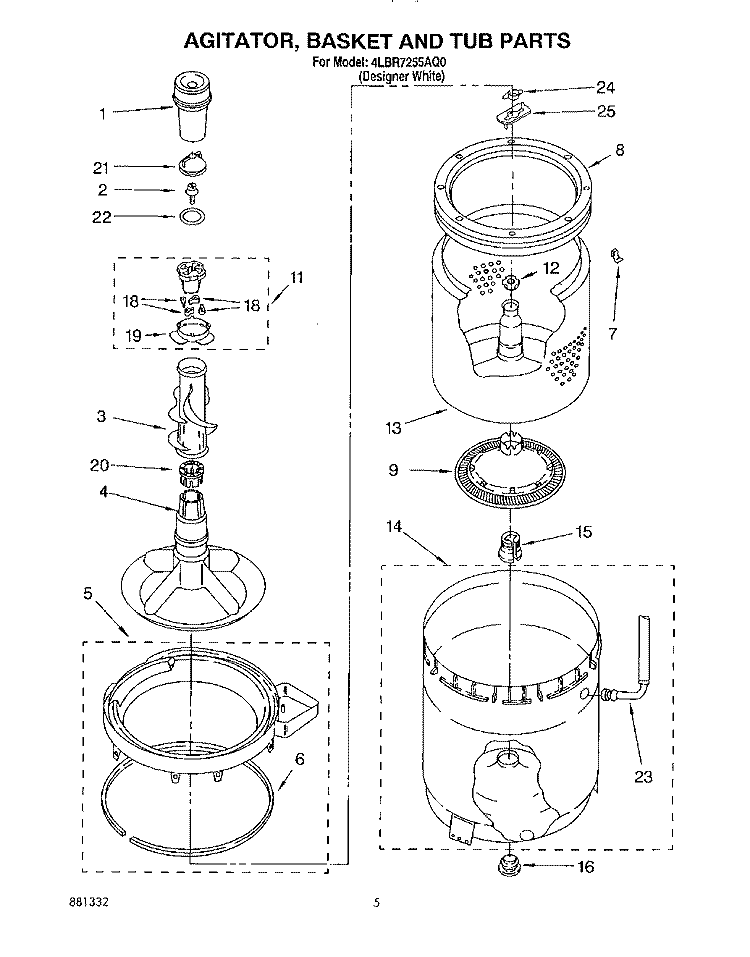 AGITATOR, BASKET AND TUB Diagram and Parts List for 4LBR7255AQ0  Whirlpool Washer