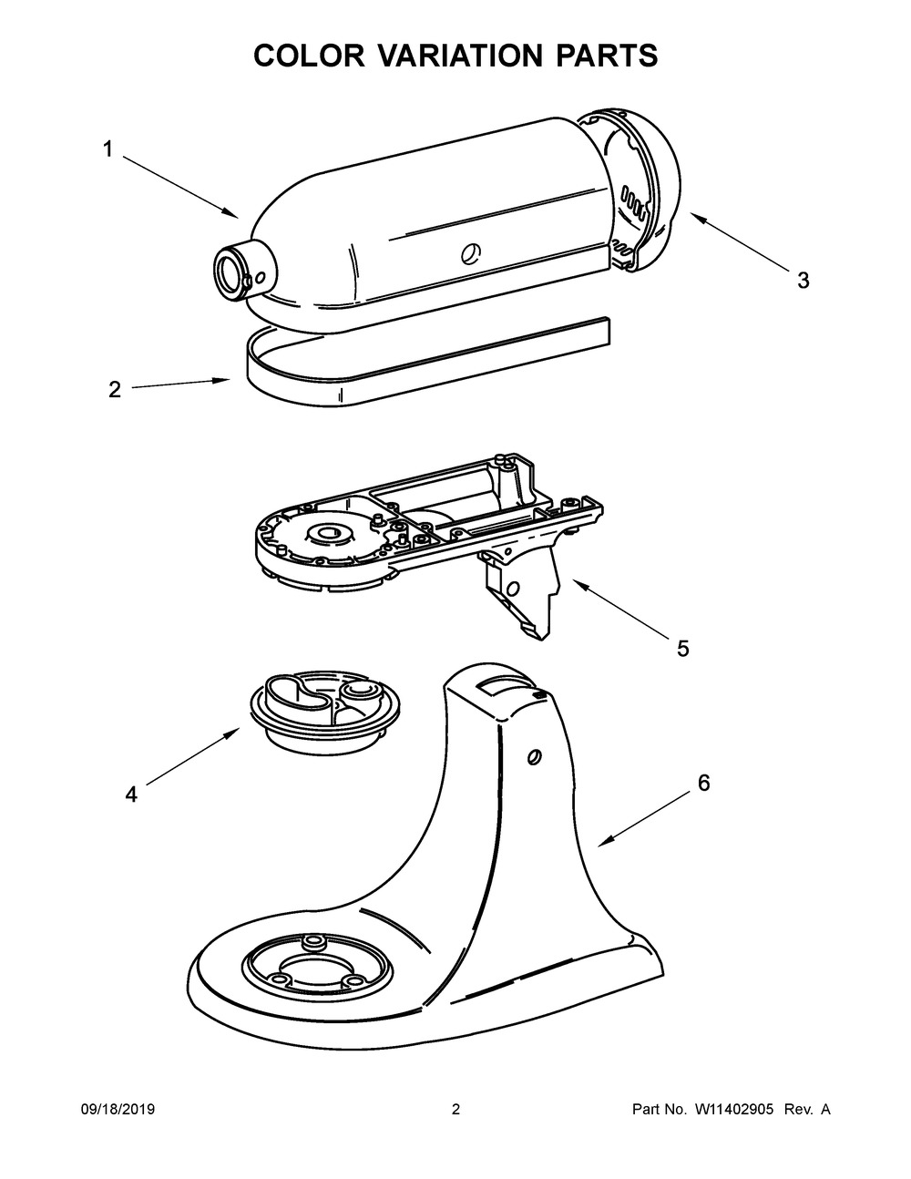 Color Variation Parts Diagram and Parts List for 5KSM156HMBLM4  Whirlpool Mixer