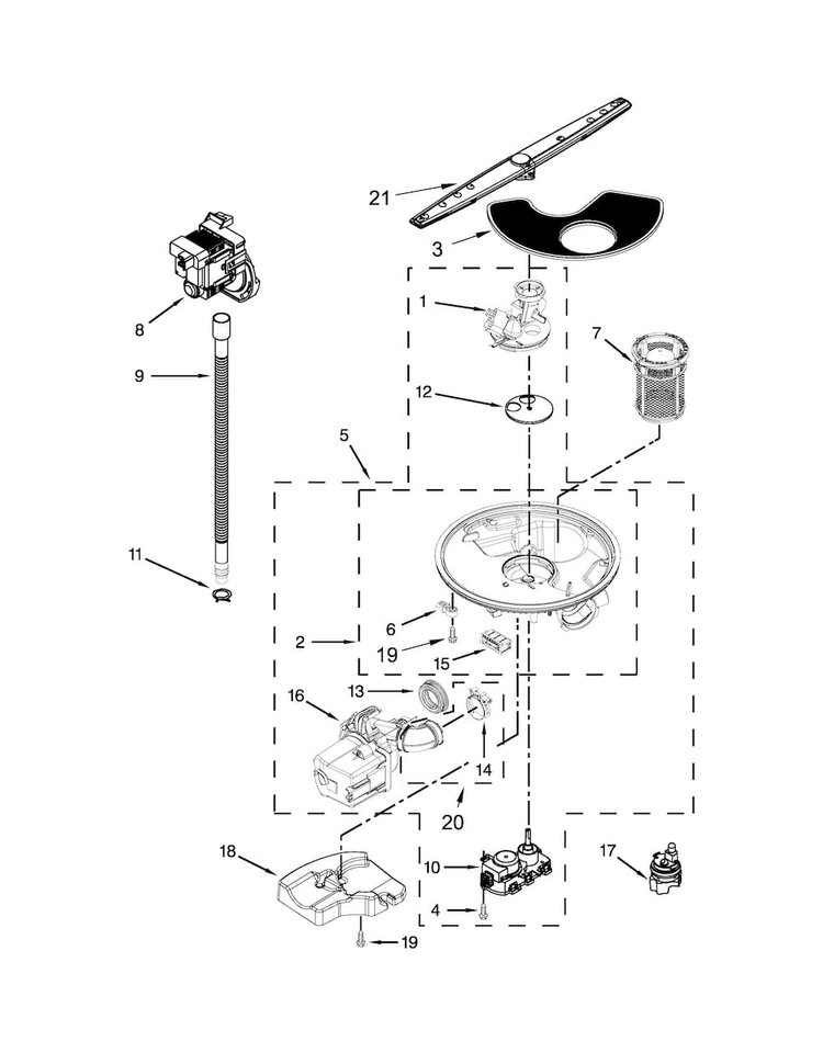 Pump And Motor Parts Diagram and Parts List for WDT790SAYW3  Whirlpool Dishwasher