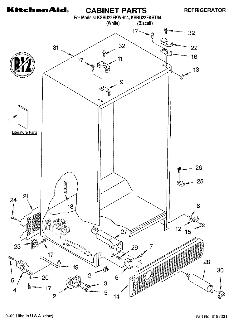 CABINET, LITERATURE Diagram and Parts List for KSRU22FKWH04  KitchenAid Refrigerator