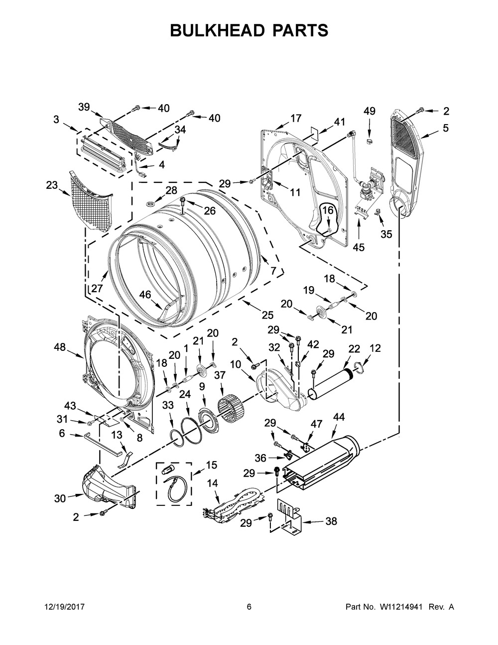 Bulkhead Parts Diagram and Parts List for WED85HEFC2  Whirlpool Dryer
