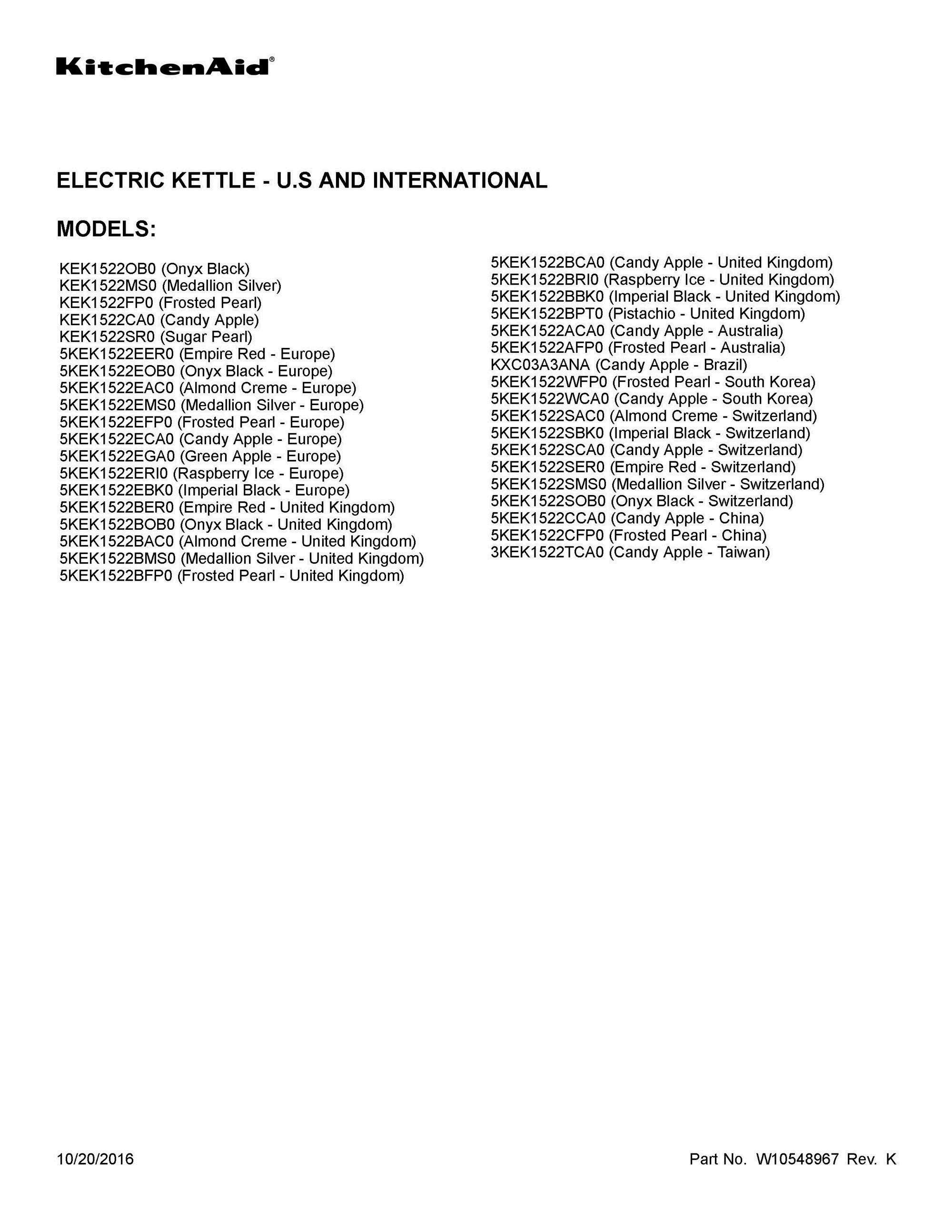 01 - COVER SHEET Diagram and Parts List for 5KEK1522ACA0  Whirlpool Kettle