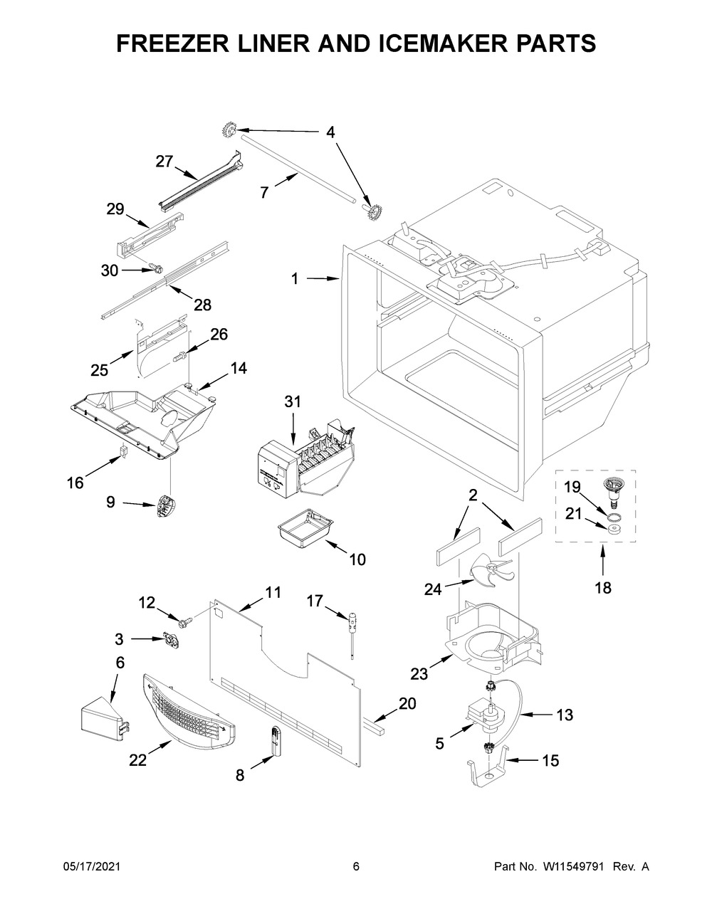 Freezer Liner And Icemaker Parts Diagram and Parts List for WRF532SMHV03  Whirlpool Refrigerator