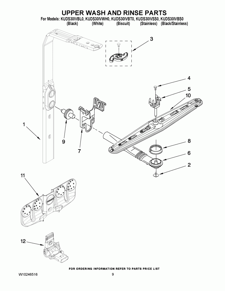 UPPER WASH AND RINSE PARTS Diagram and Parts List for KUDS30IVSS0  KitchenAid Dishwasher