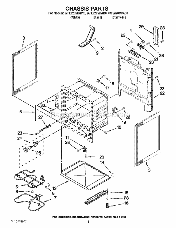 Chassis Parts Diagram and Parts List for WFE320M0AS0  Whirlpool Range