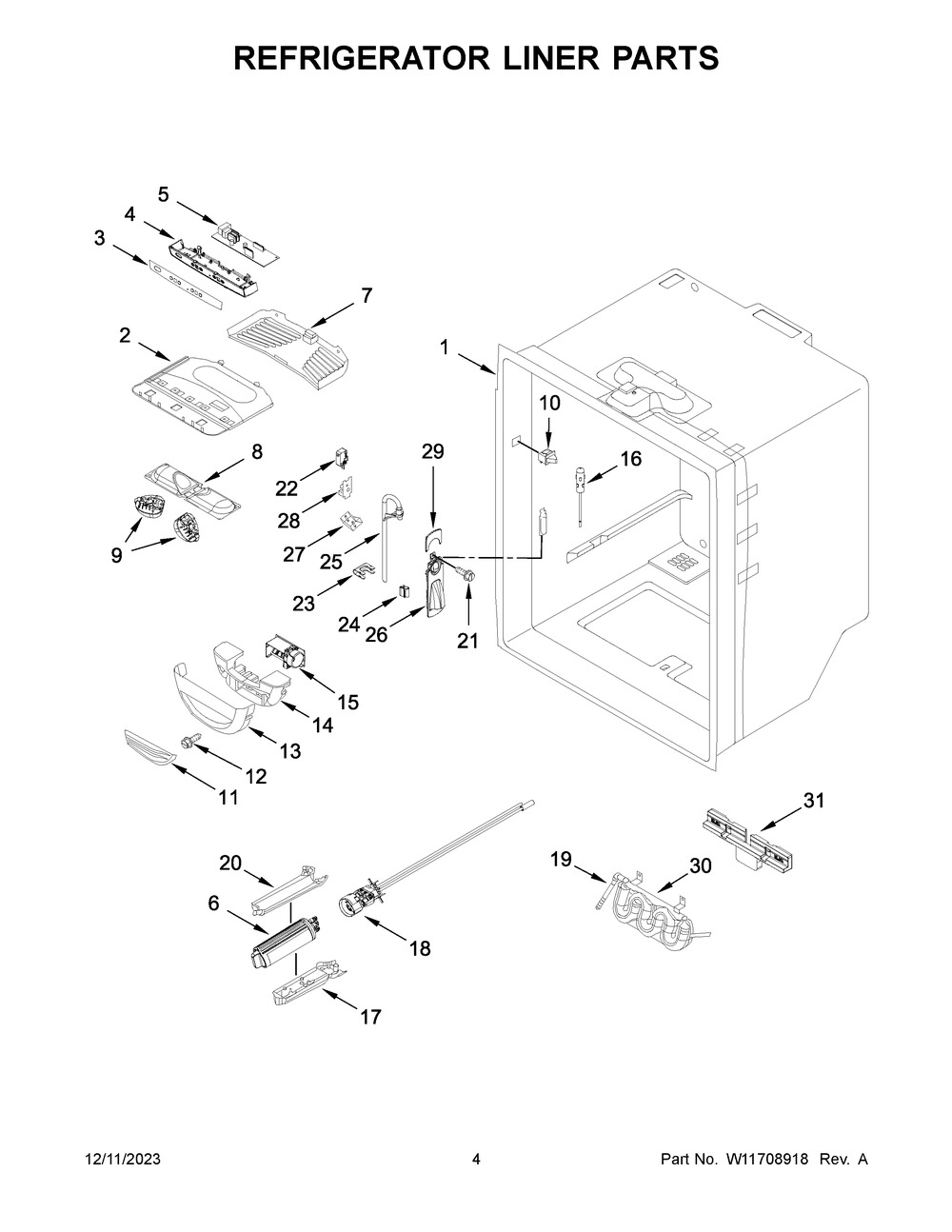 Refrigerator Liner Parts Diagram and Parts List for WRFF5333PV01  Whirlpool Refrigerator