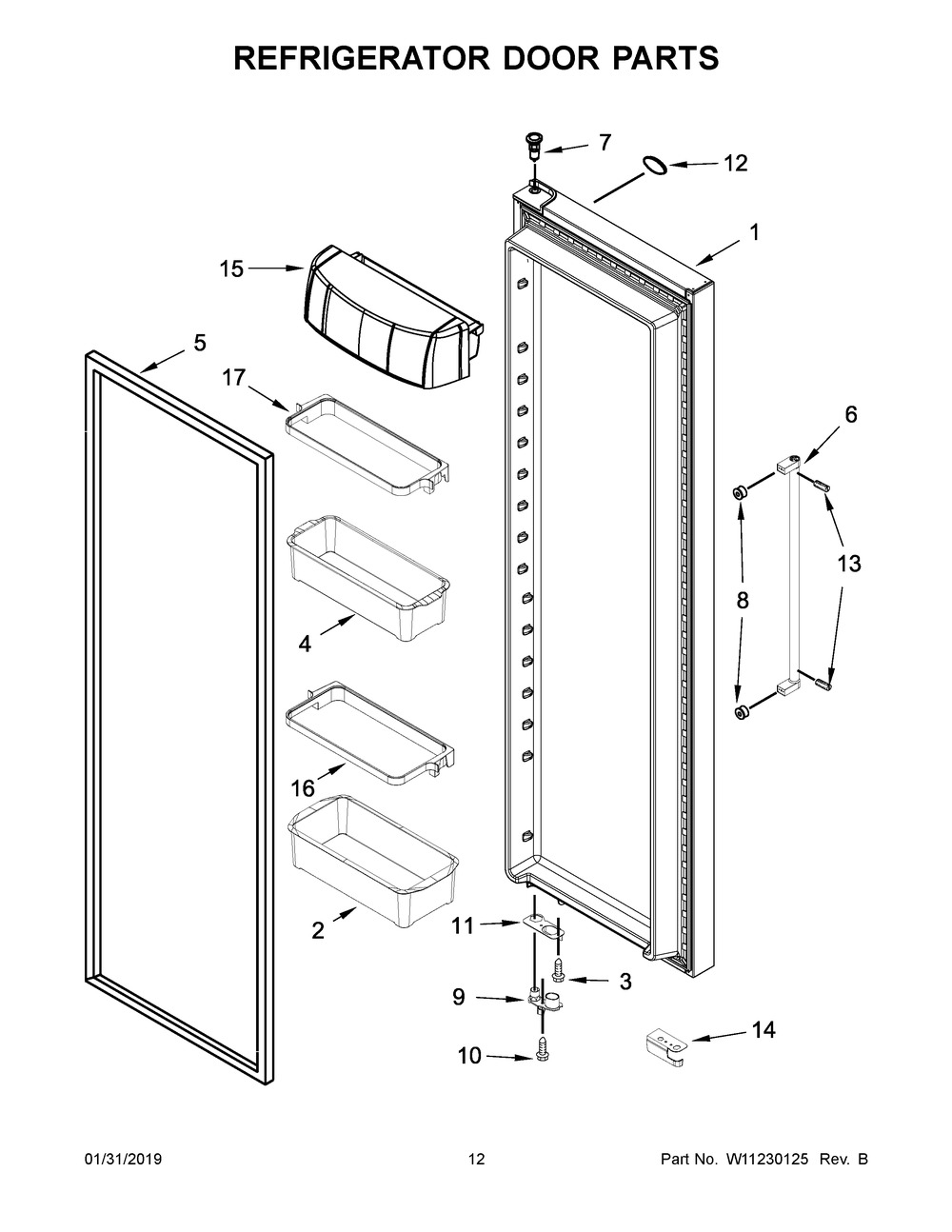 Refrigerator Door Parts Diagram and Parts List for KRSC500ESS01  Whirlpool Refrigerator
