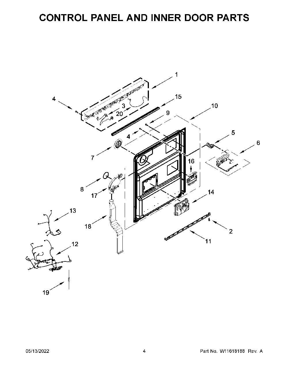 Control Panel And Inner Door Parts Diagram and Parts List for KDPM604KPS1  KitchenAid Dishwasher