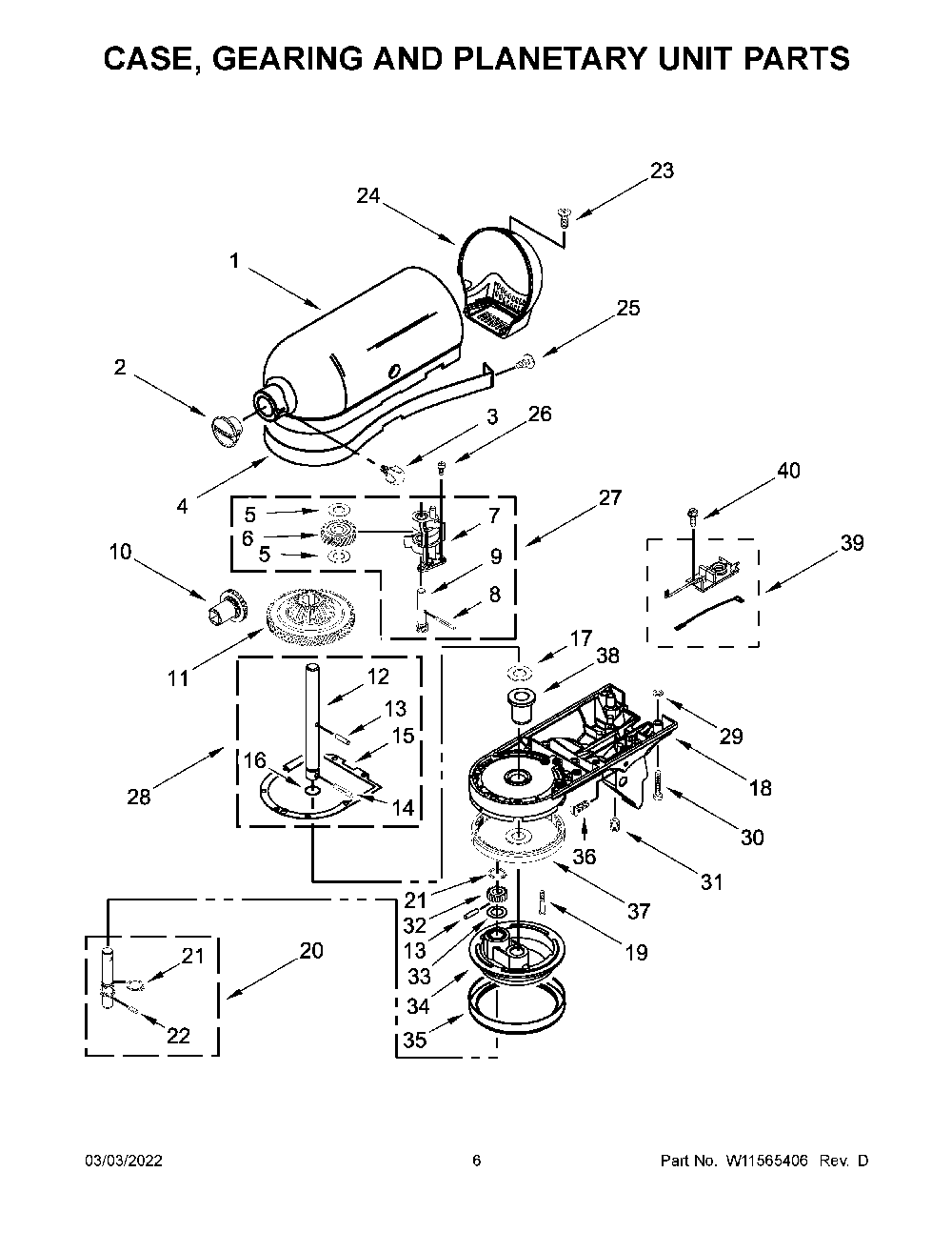 Case, Gearing And Planetary Unit Parts Diagram and Parts List for 5KSM195PSACU0  KitchenAid Mixer