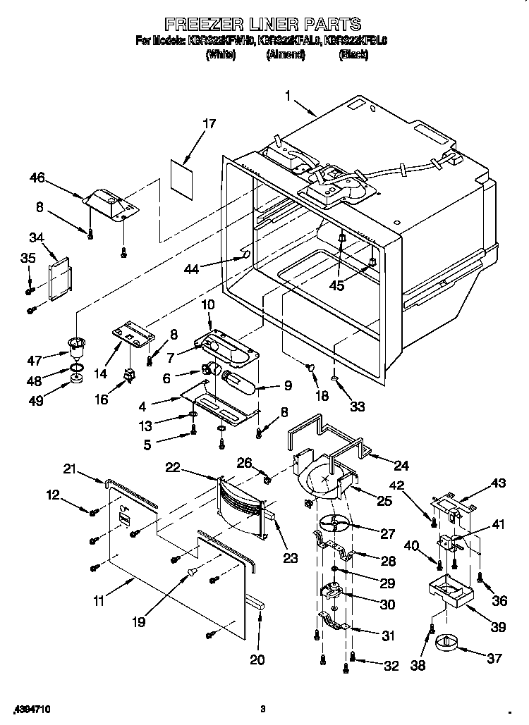 Freezer Liner Diagram and Parts List for KBRS22KFBL00  KitchenAid Refrigerator