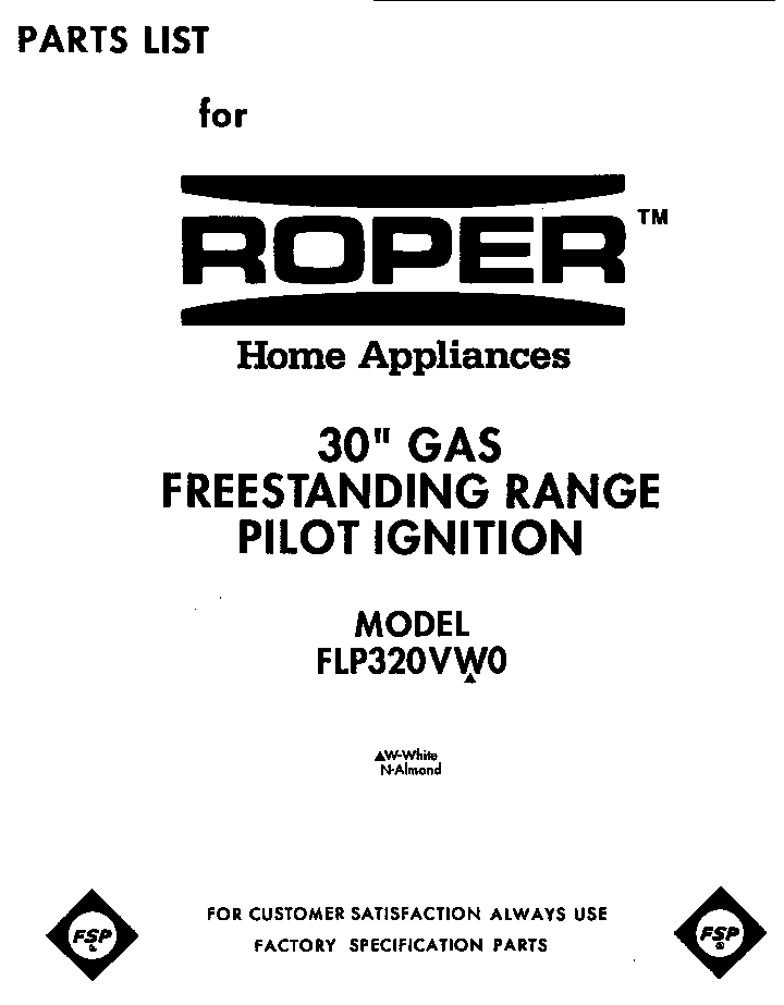 Front Cover Diagram and Parts List for FGP320VN0  Roper Range