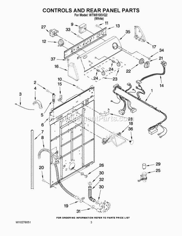 Controls And Rear Panel Parts Diagram and Parts List for WTW5100VQ2  Whirlpool Washer