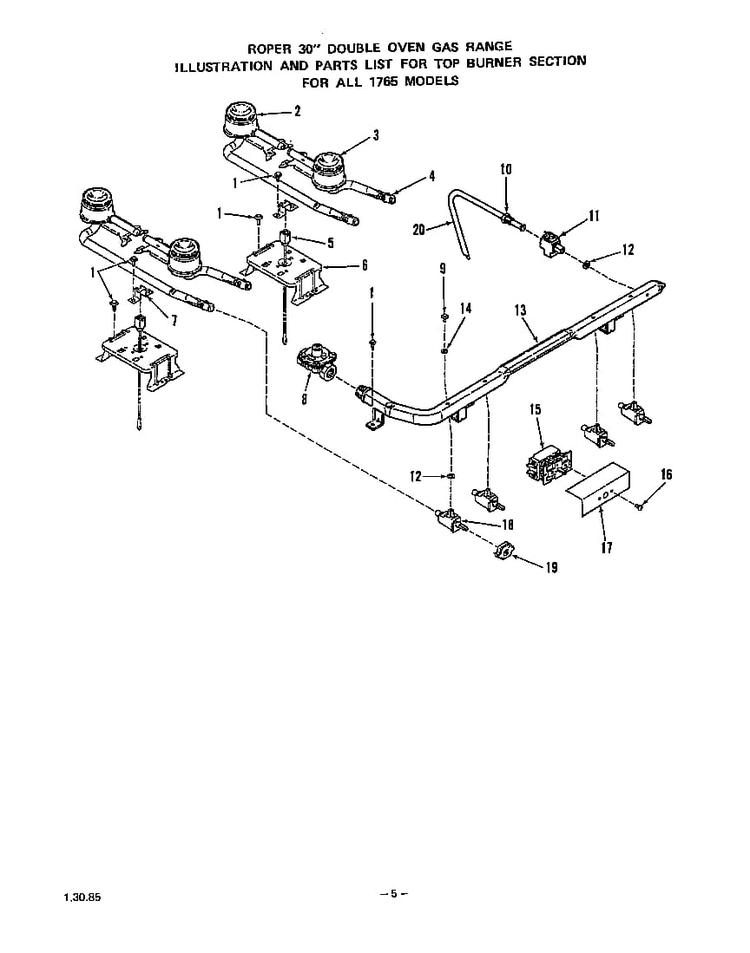 Top Burner Diagram and Parts List for 1765*0A  Roper Range