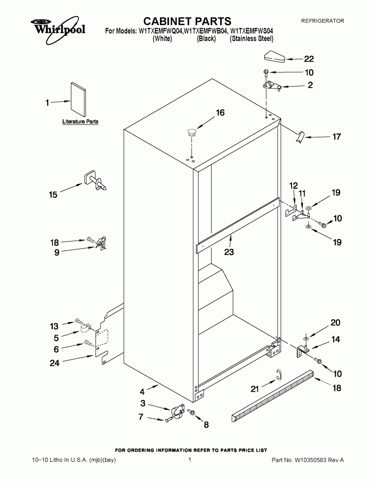 CABINET PARTS Diagram and Parts List for W1TXEMFWS04  Whirlpool Refrigerator