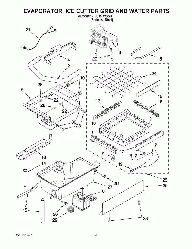 EVAPORATOR ICE CUTTER GRID AND WATER PARTS Diagram and Parts List for ZDIS150WSSD  Whirlpool Ice Maker