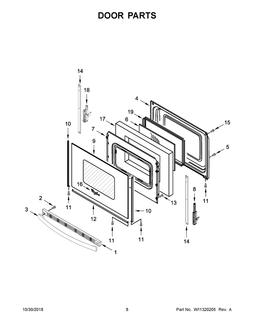 Door Parts Diagram and Parts List for WFE550S0HW1  Whirlpool Range