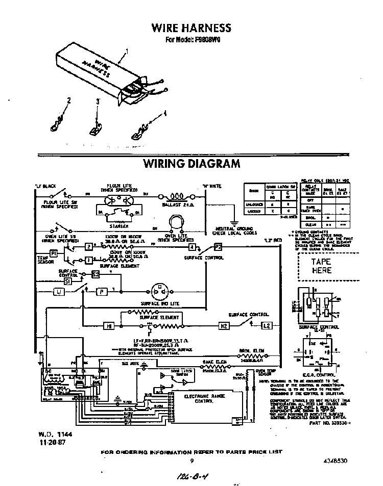 Wire Harness Diagram and Parts List for F9808*0  Roper Range