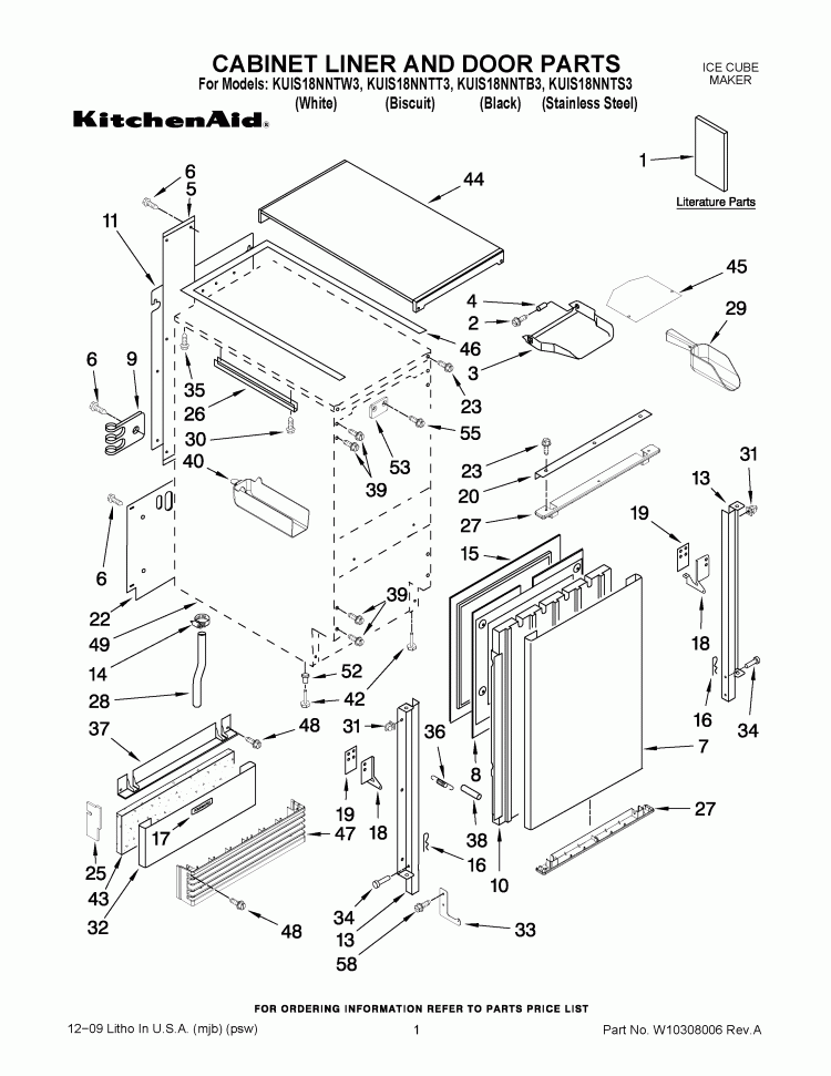 CABINET LINER AND DOOR PARTS Diagram and Parts List for KUIS18NNTB3  KitchenAid Ice Maker