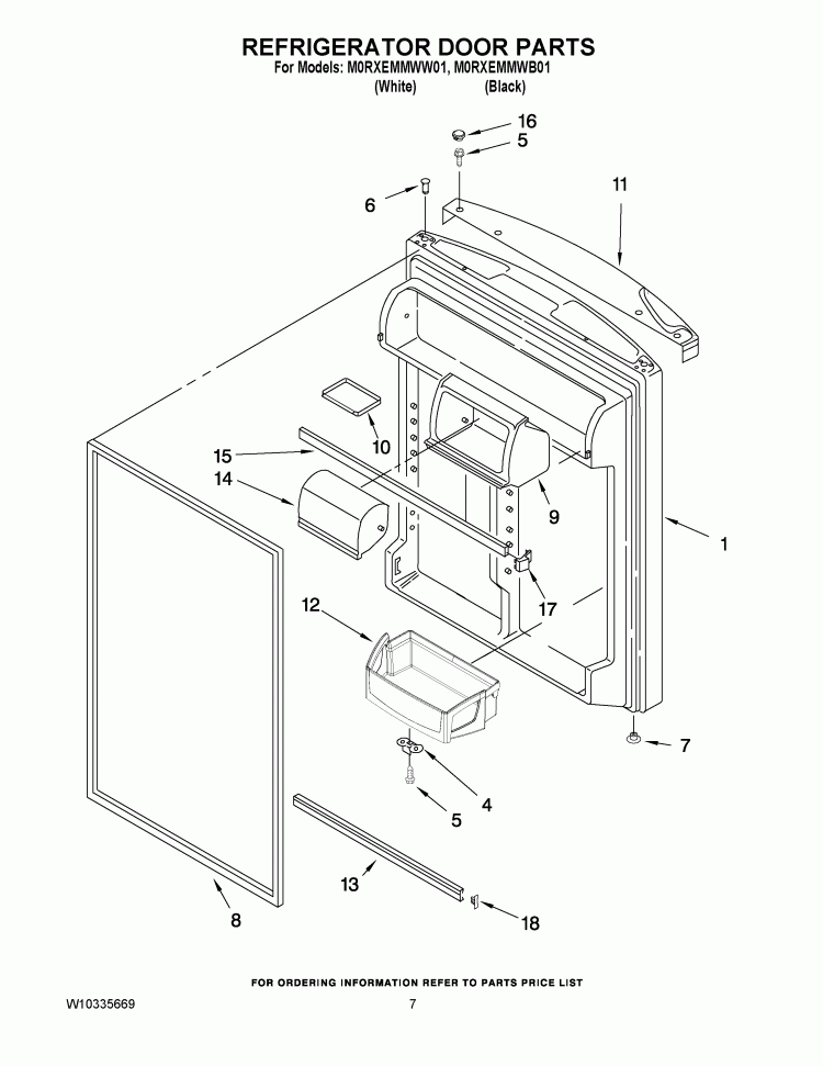 REFRIGERATOR DOOR PARTS Diagram and Parts List for M0RXEMMWB01  Whirlpool Refrigerator