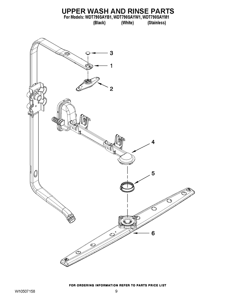 UPPER WASH AND RINSE PARTS Diagram and Parts List for WDT790SAYM1  Whirlpool Dishwasher
