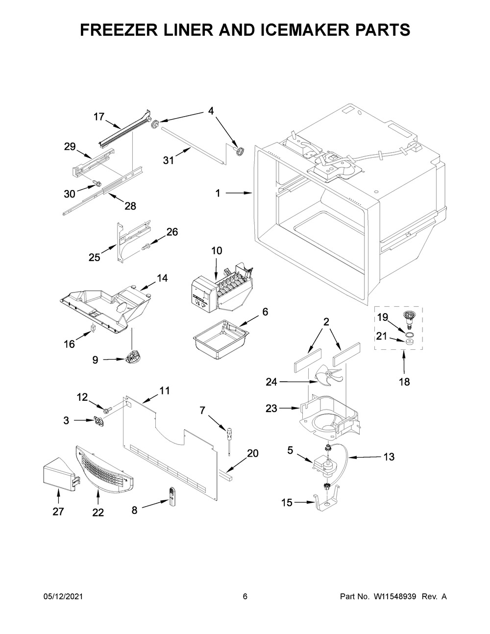 Freezer Liner And Icemaker Parts Diagram and Parts List for WRF535SMHZ07  Whirlpool Refrigerator