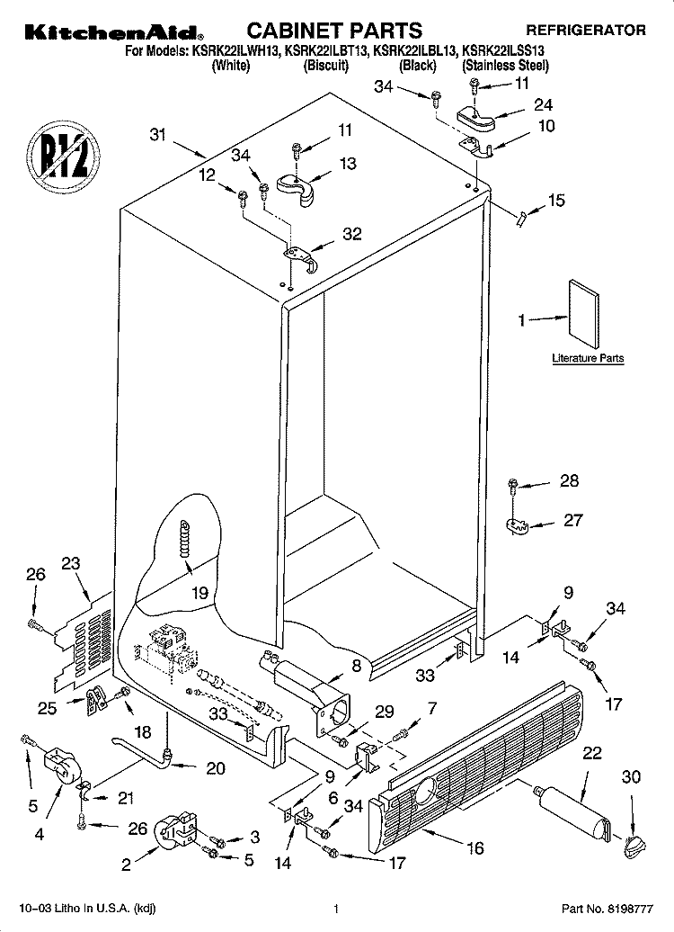 CABINET PARTS Diagram and Parts List for KSRK22ILBL13  KitchenAid Refrigerator