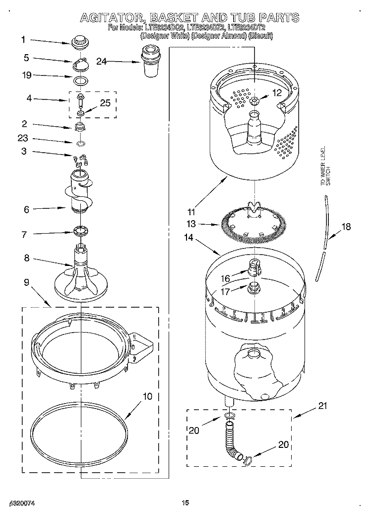 AGITATOR, BASKET, AND TUB Diagram and Parts List for LTE6234DQ2  Whirlpool Washer Dryer Combo
