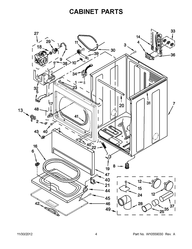 CABINET PARTS Diagram and Parts List for 4GWED5500YW1  Whirlpool Dryer