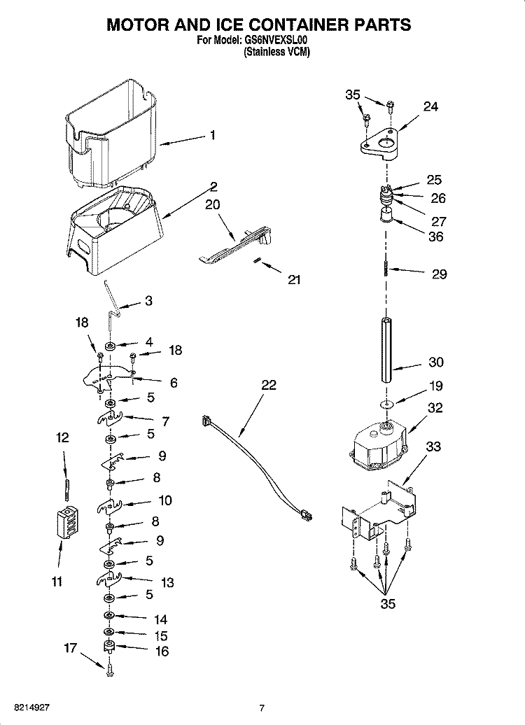 MOTOR AND ICE CONTAINER PARTS Diagram and Parts List for GS6NVEXSL00  Whirlpool Refrigerator