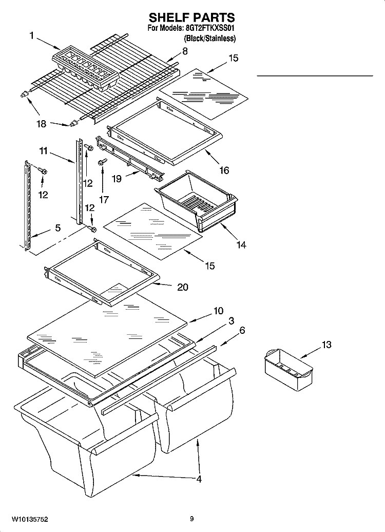 SHELF PARTS, OPTIONAL PARTS (NOT INCLUDED) Diagram and Parts List for 8GT2FTKXSS01  Whirlpool Refrigerator