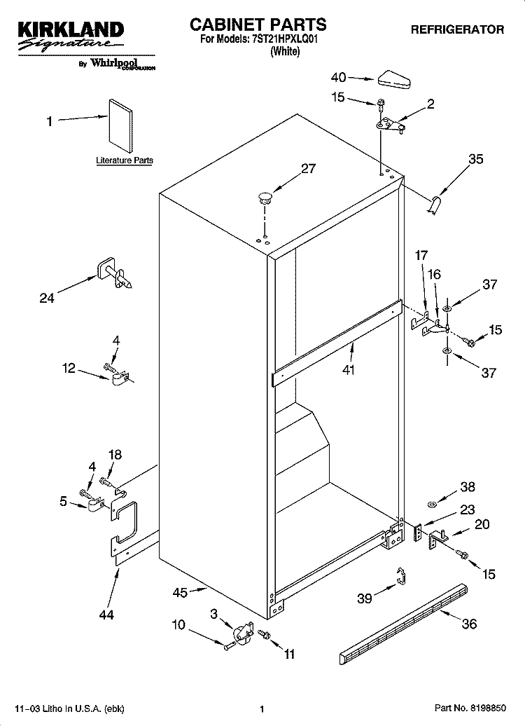 CABINET PARTS Diagram and Parts List for 7ST21HPXLQ01  Whirlpool Refrigerator