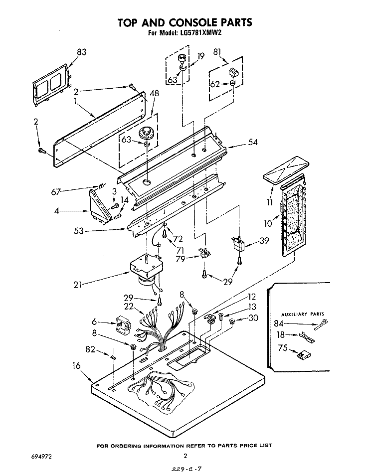 TOP AND CONSOLE , LITERATURE AND OPTIONAL Diagram and Parts List for LG5781XMW2  Whirlpool Dryer