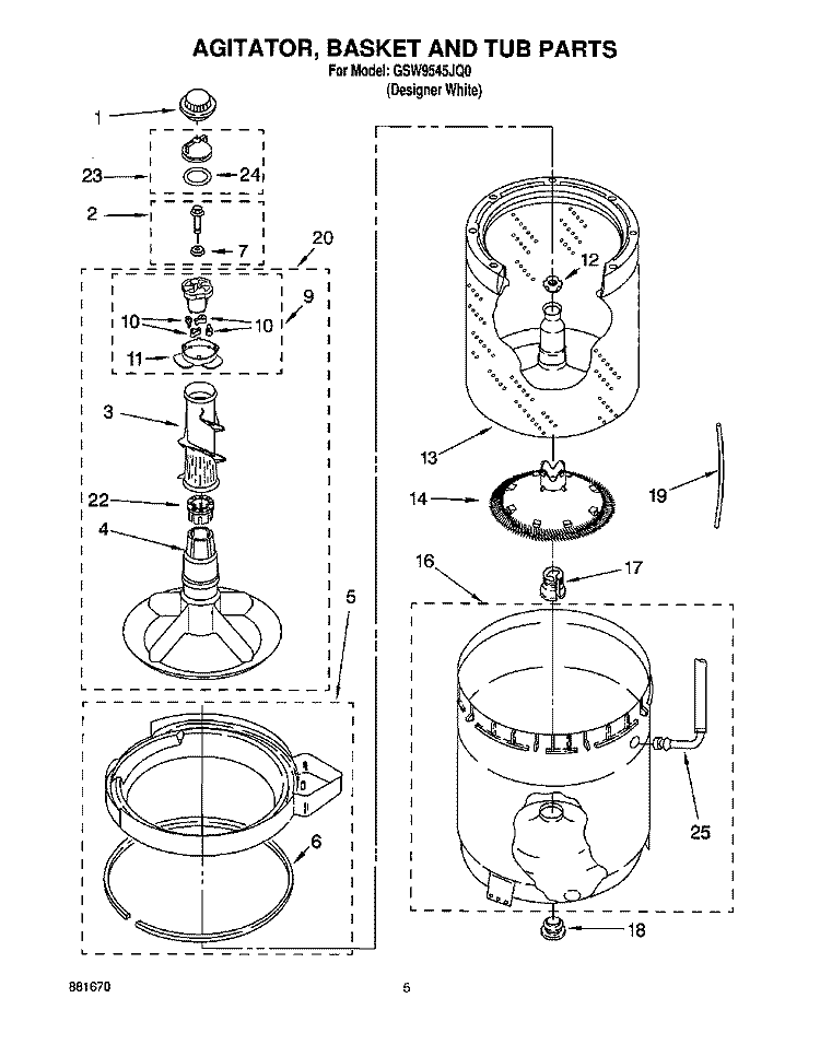 AGITATOR, BASKET AND TUB Diagram and Parts List for GSW9545JQ0  Whirlpool Washer