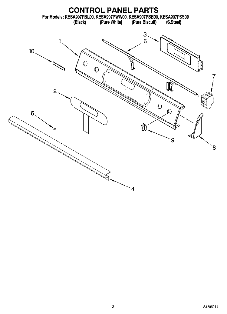 CONTROL PANEL PARTS Diagram and Parts List for KESA907PWW00  KitchenAid Range