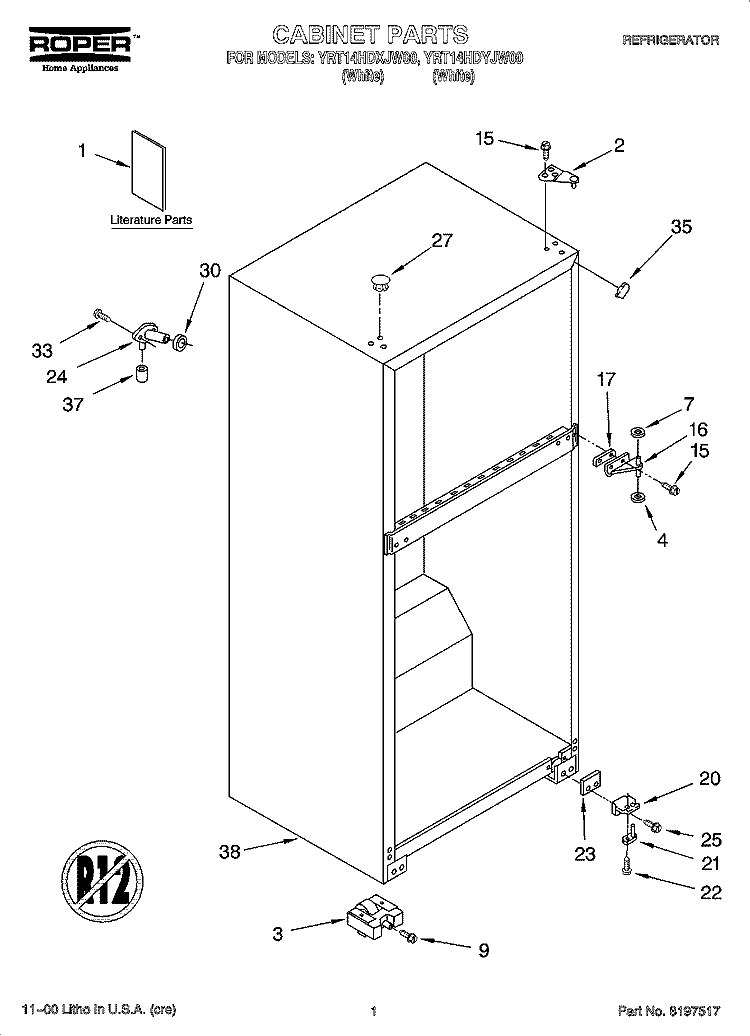 CABINET PARTS Diagram and Parts List for YRT14HDYJW00  Roper Refrigerator