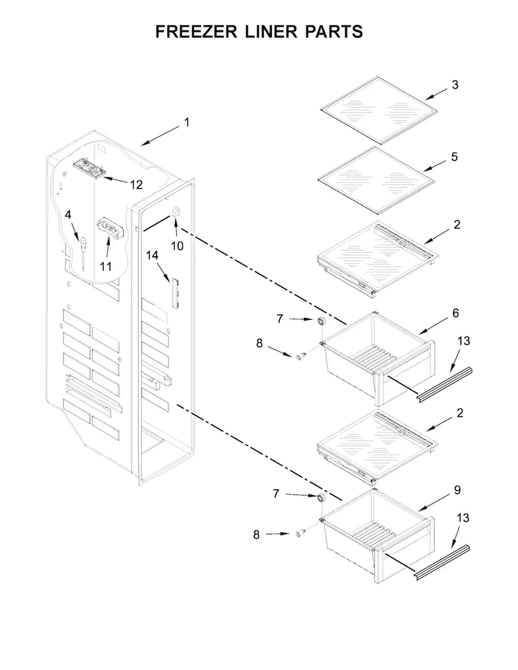 Freezer Liner Parts Diagram and Parts List for KRSF505EBL00  KitchenAid Refrigerator