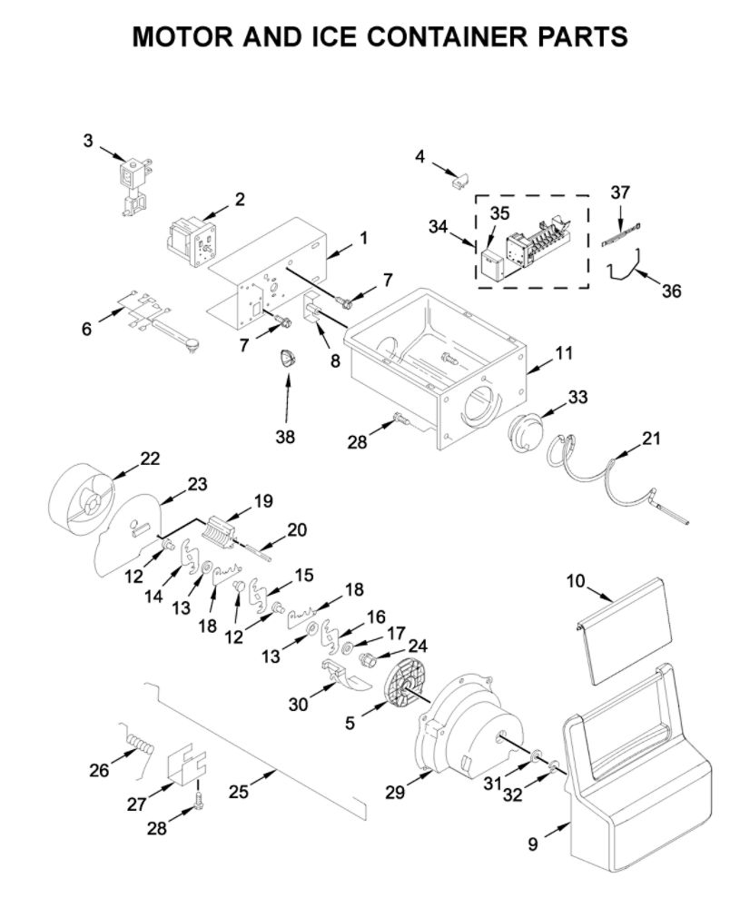 Motor And Ice Container Parts Diagram and Parts List for WRS315SDHM05  Whirlpool Refrigerator