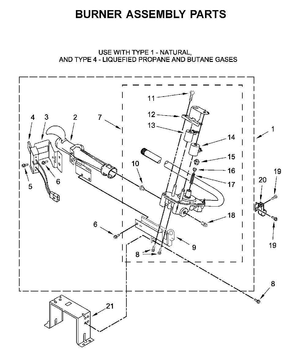 Burner assembly parts Diagram and Parts List for 8TWGD8620HW0  Whirlpool Dryer