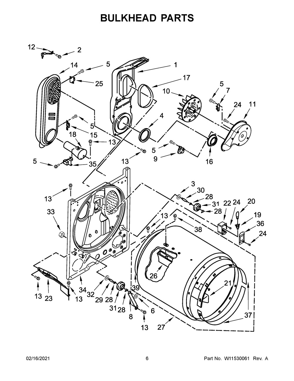 Bulkhead Parts Diagram and Parts List for CGD7006GW1  Whirlpool Dryer