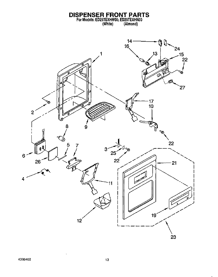 DISPENSER FRONT Diagram and Parts List for ED25TEXHW00  Whirlpool Refrigerator