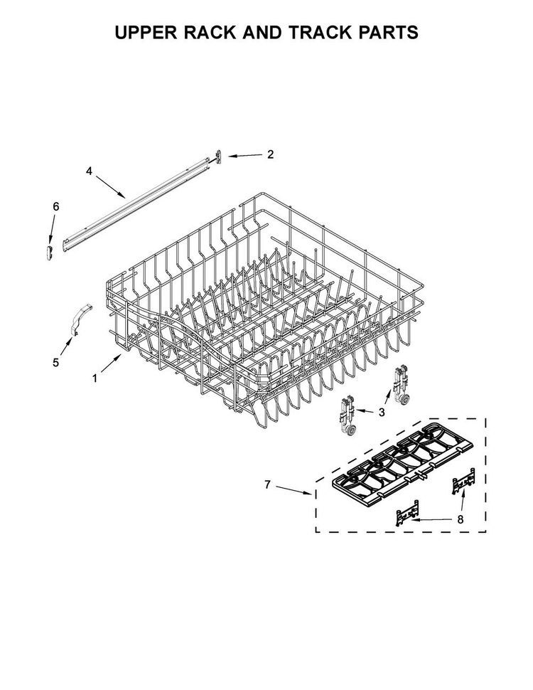 Upper Rack And Track Parts Diagram and Parts List for WDF545PAFM0  Whirlpool Dishwasher