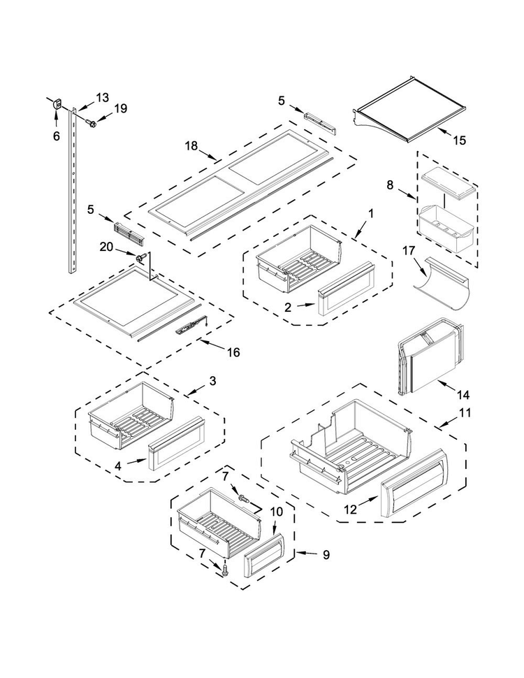 Shelf Parts Diagram and Parts List for KBFN502EPA00  KitchenAid Refrigerator