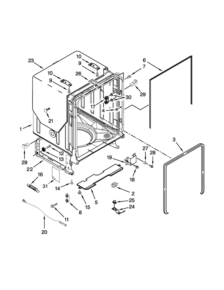 Tub And Frame Parts Diagram and Parts List for 7WDT950SAYM3  Whirlpool Dishwasher
