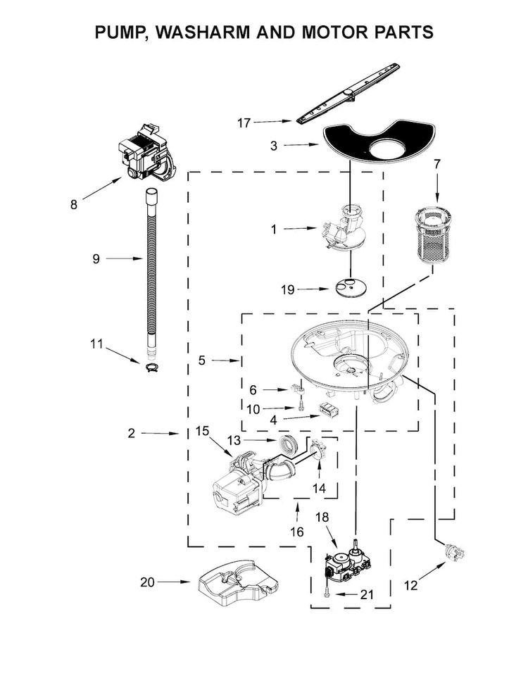 Pump, Washarm And Motor Parts Diagram and Parts List for WDF560SAFB0  Whirlpool Dishwasher