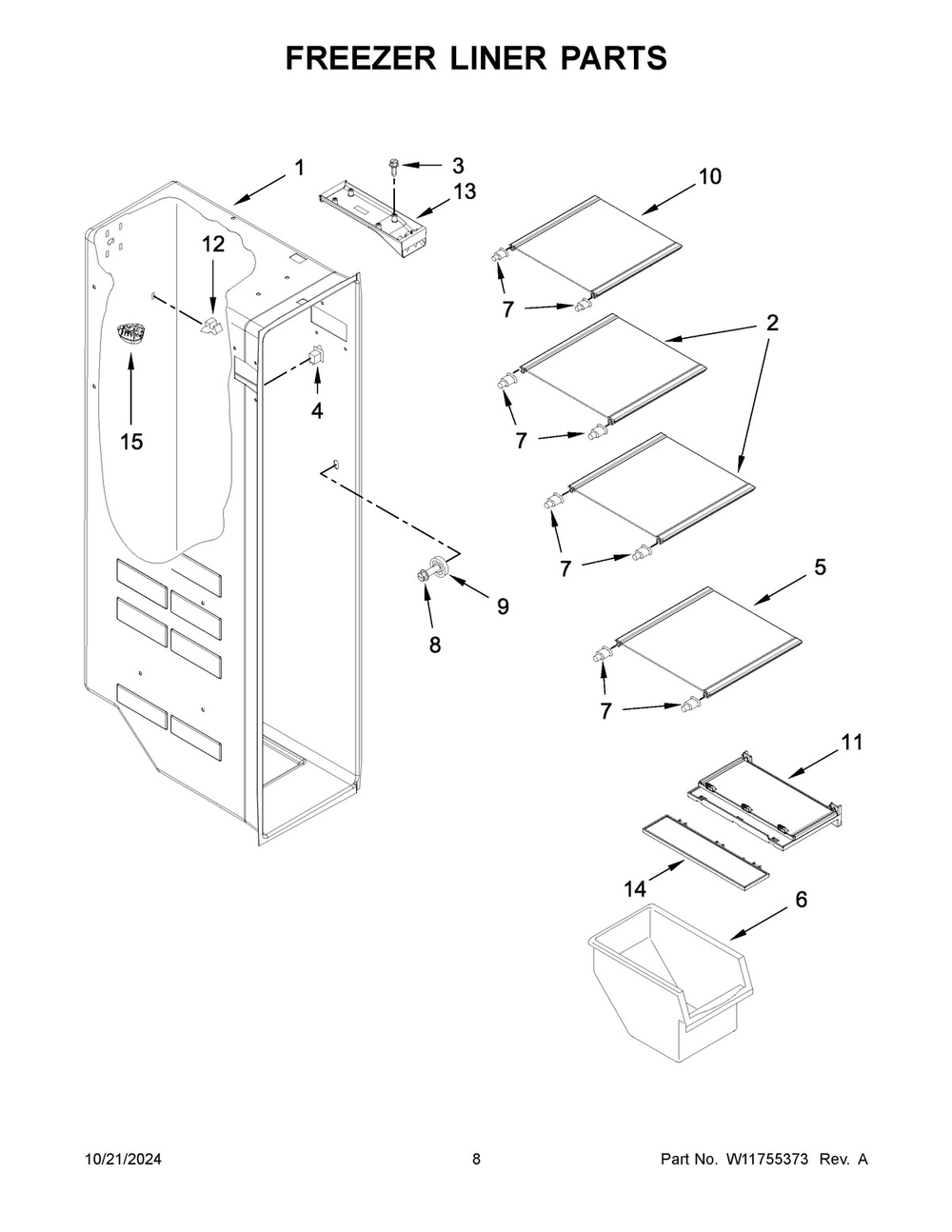 05 - Freezer Liner Parts Diagram and Parts List for WRS555SIHZ09  Whirlpool Refrigerator