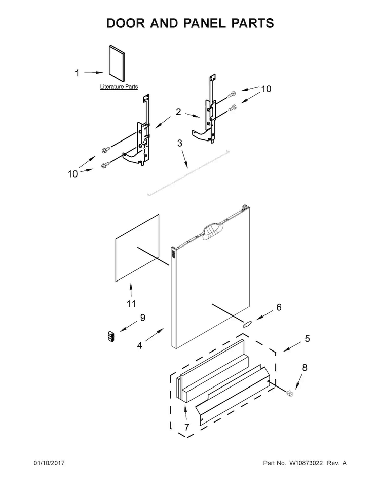 Door And Panel Parts Diagram and Parts List for WDF540PADB3  Whirlpool Dishwasher